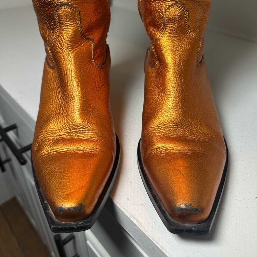 Feners Metallic Bronze Knee High Boots EU37 6.5/7 Pointed Toe Leather Western - Picture 3 of 10